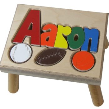 Puzzle name step stool with sports icons