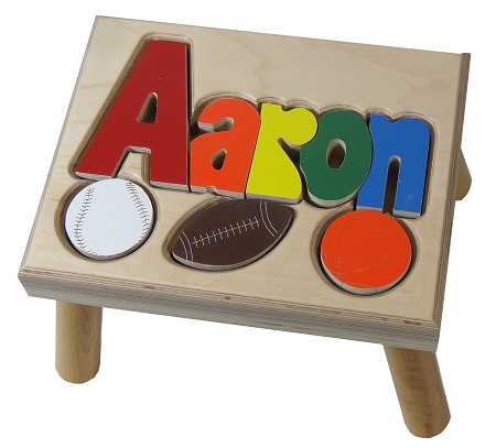 Puzzle name step stool with sports icons