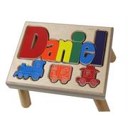 Puzzle name step stool with train icons
