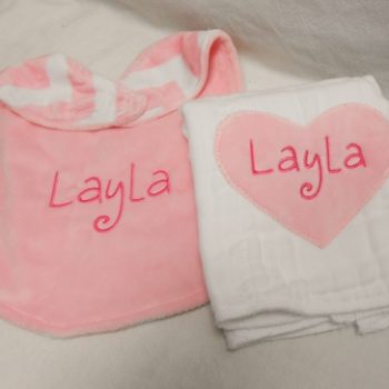 Applique bib and burp cloth set - pink heart - out of stock