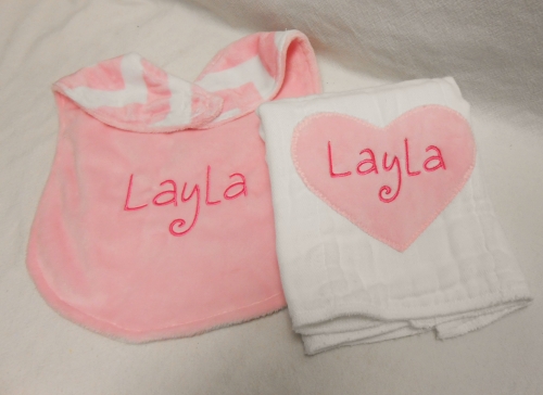 Applique bib and burp cloth set - pink heart - out of stock