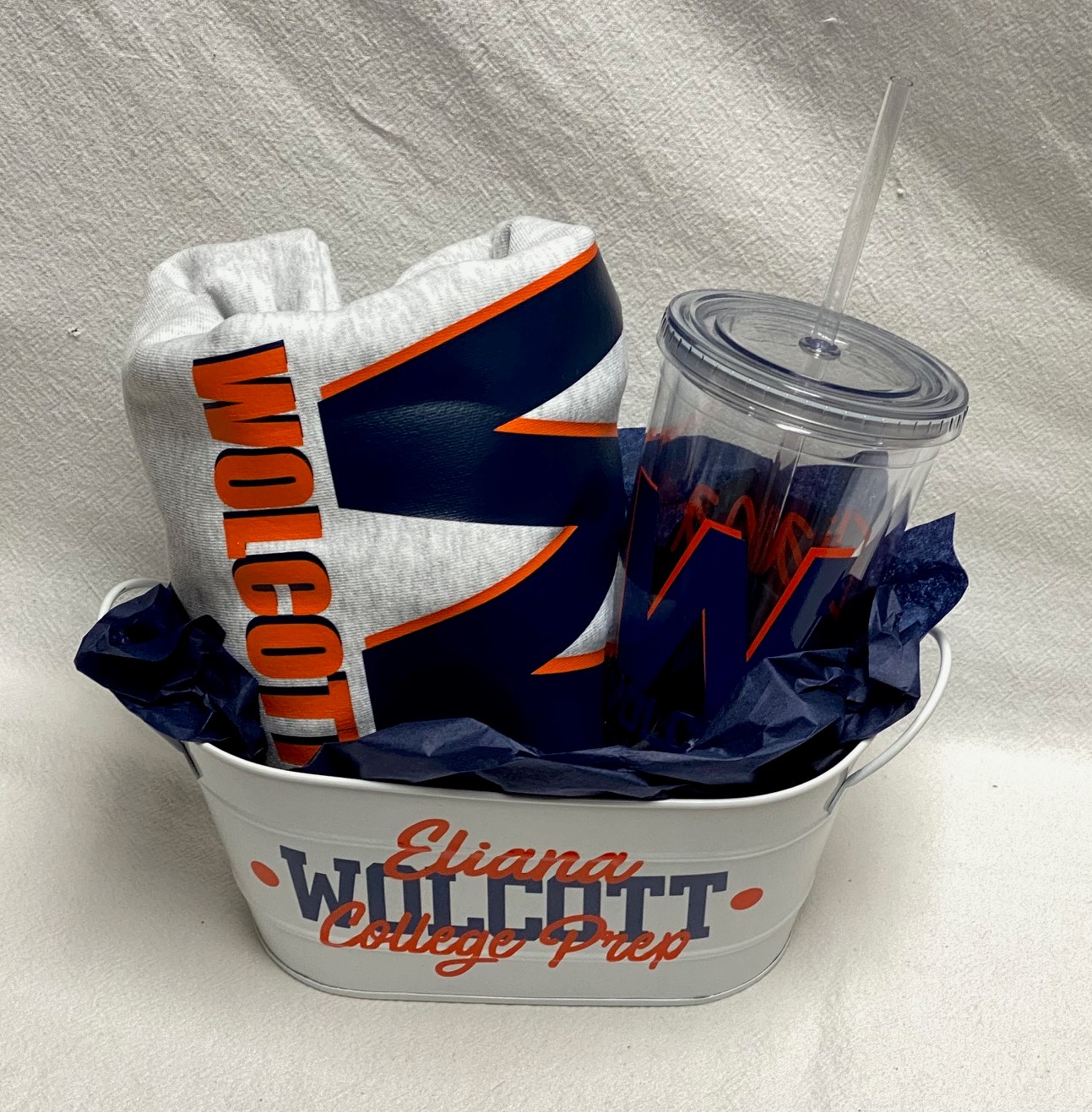 Gift basket- Drawstring sweatshirt bag and tumbler - for any school