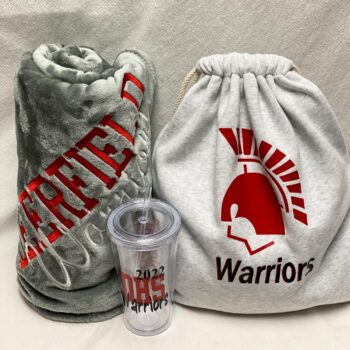 Gift set - fleece blanket, drawstring bag and tumbler set - for any school