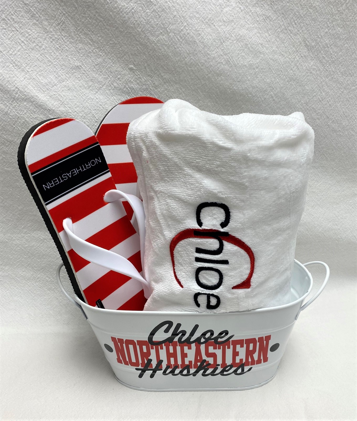 Gift basket - flip flops, towel wrap and tin - custom made for any school - Image 3