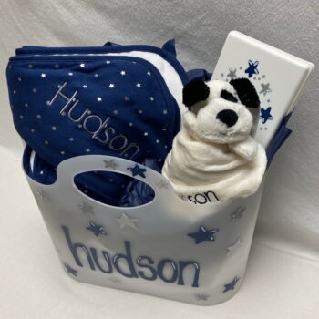 Hooded bath towel, lovey and first toy gift basket - assorted patterns
