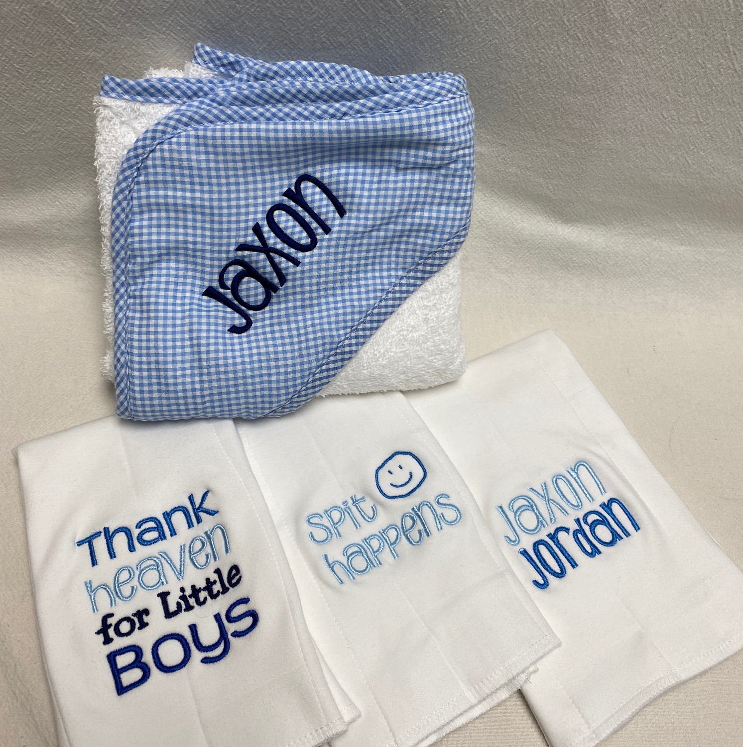 Burp cloth and hooded bath towel set baby boy blue Kidoodles Inc