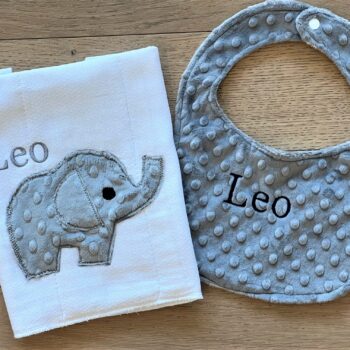 Applique bib and burp cloth set - elephant