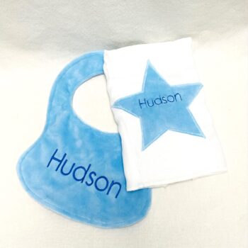Applique bib and burp cloth set - blue star