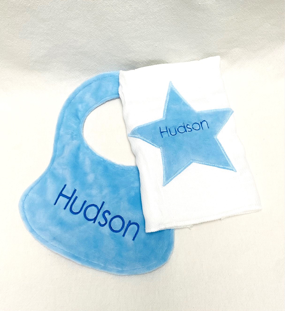 Applique bib and burp cloth set - blue star