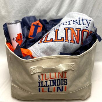 Gift basket - canvas bin, blanket, tumbler and bag tag - custom made for any school