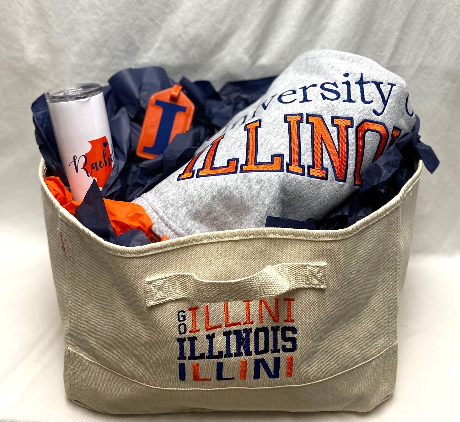 Gift basket - canvas bin, blanket, tumbler and bag tag - custom made for any school
