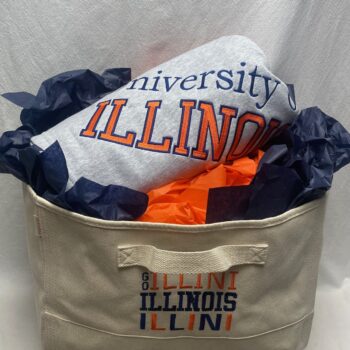 Gift basket - canvas bin, blanket and bag tag - available for any school