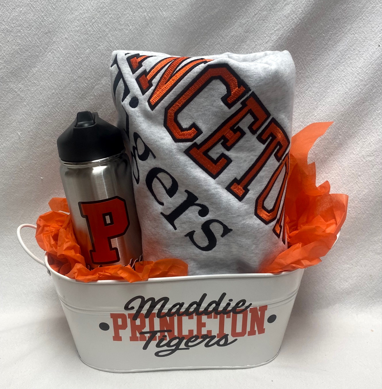 Gift basket - sweatshirt blanket, tumbler and tin - custom made for any school
