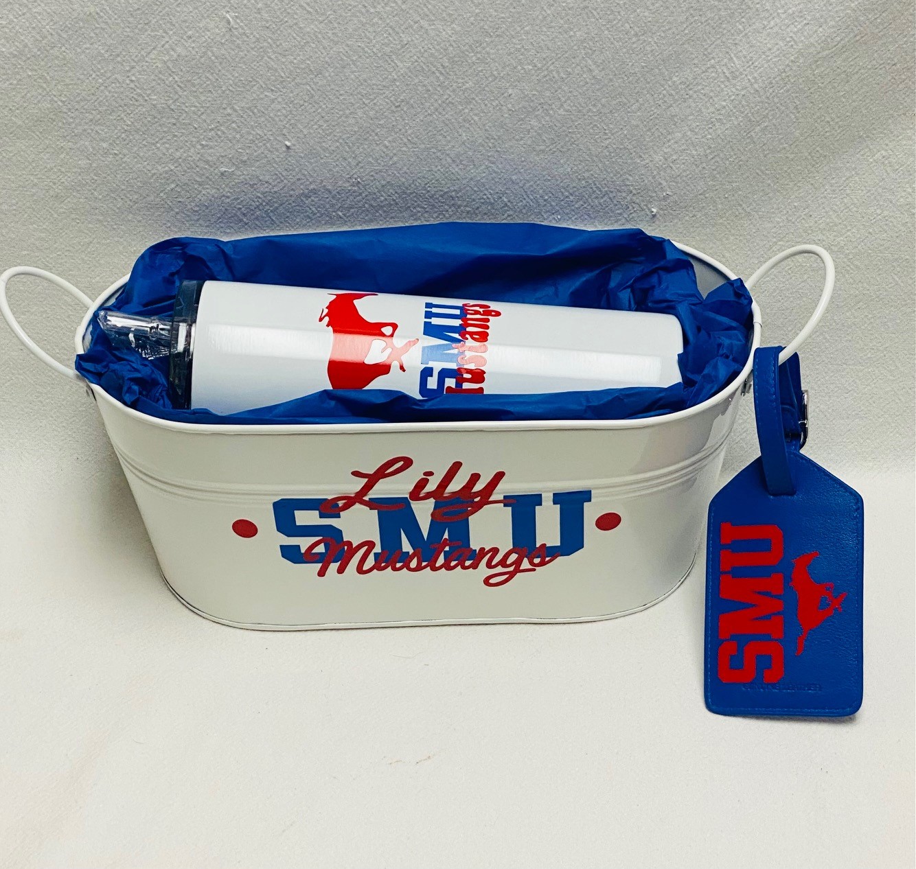 Gift basket - tumbler, bag tag and tin - available for any school