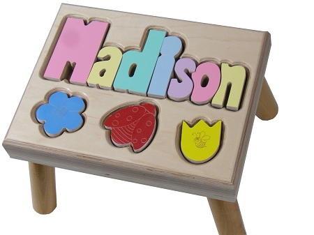 Puzzle name step stool with floral icons