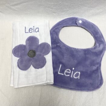 Applique bib and burp cloth set - lavender flower - out of stock