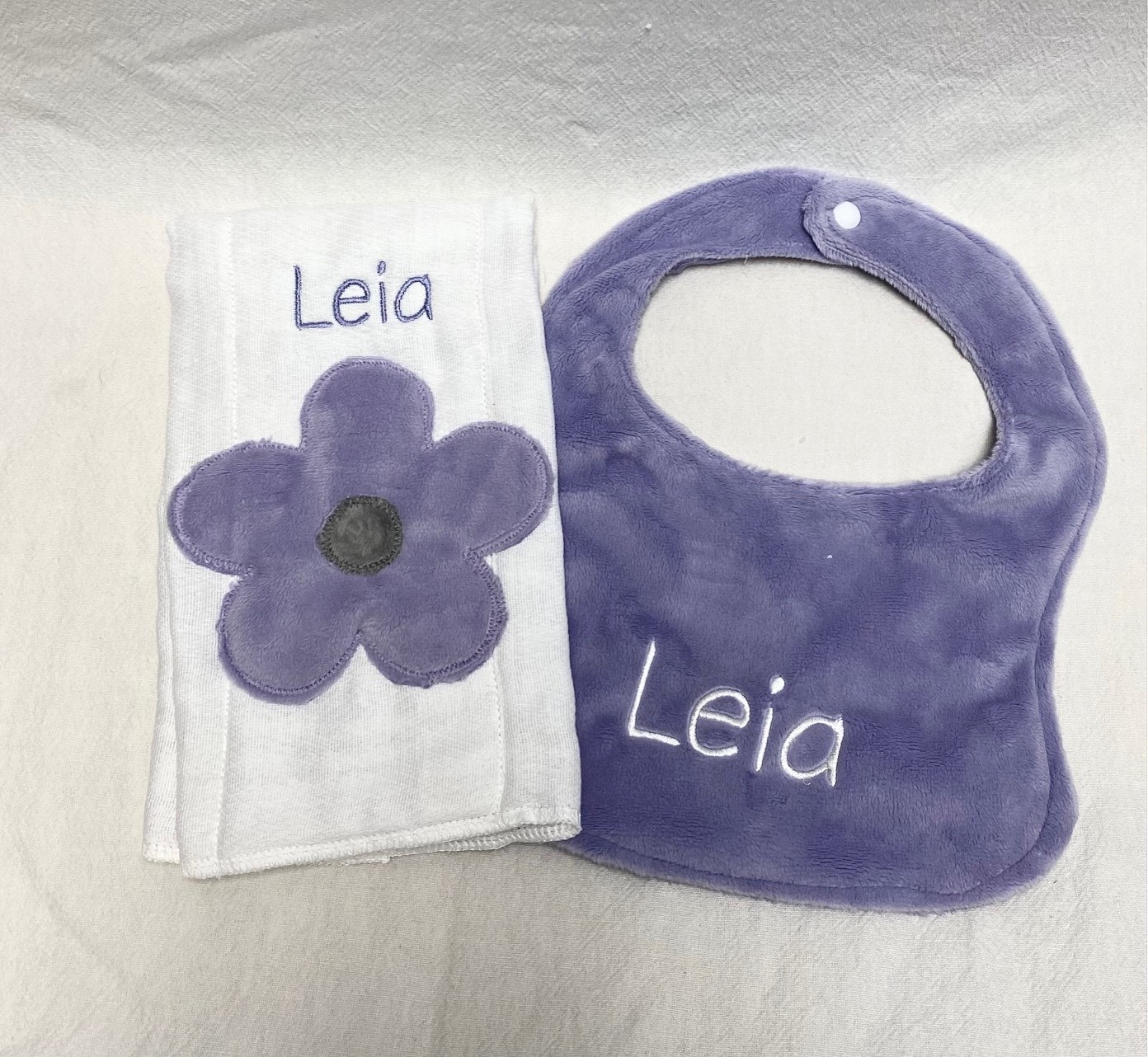 Applique bib and burp cloth set - lavender flower - out of stock