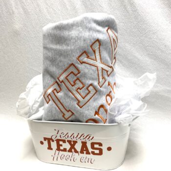 Gift basket - collegiate sweatshirt blanket and catch all tin