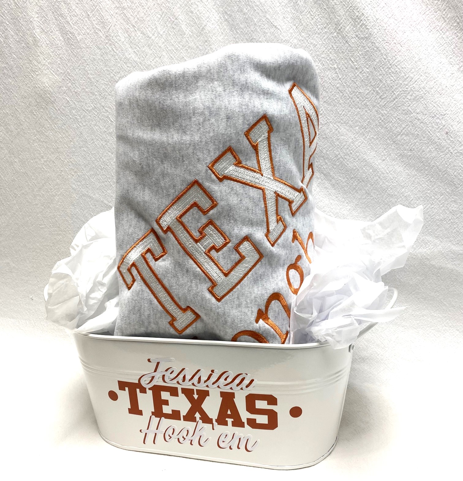 Gift basket - collegiate sweatshirt blanket and catch all tin