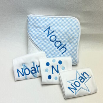 Burp cloth and hooded bath towel set - baby boy - blue