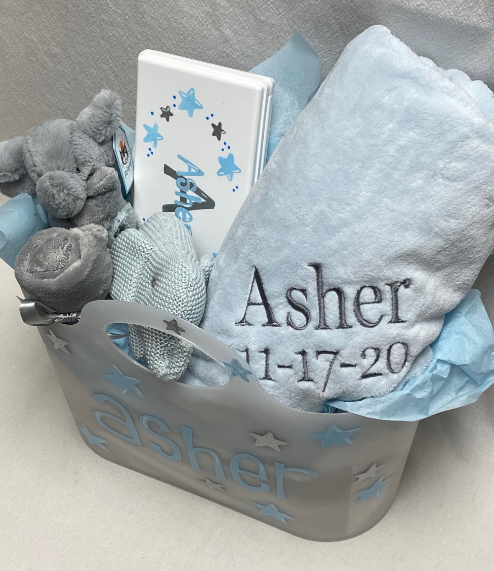 Monogrammed baby gift basket