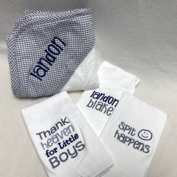 Burp cloth and hooded bath towel set - baby boy grey