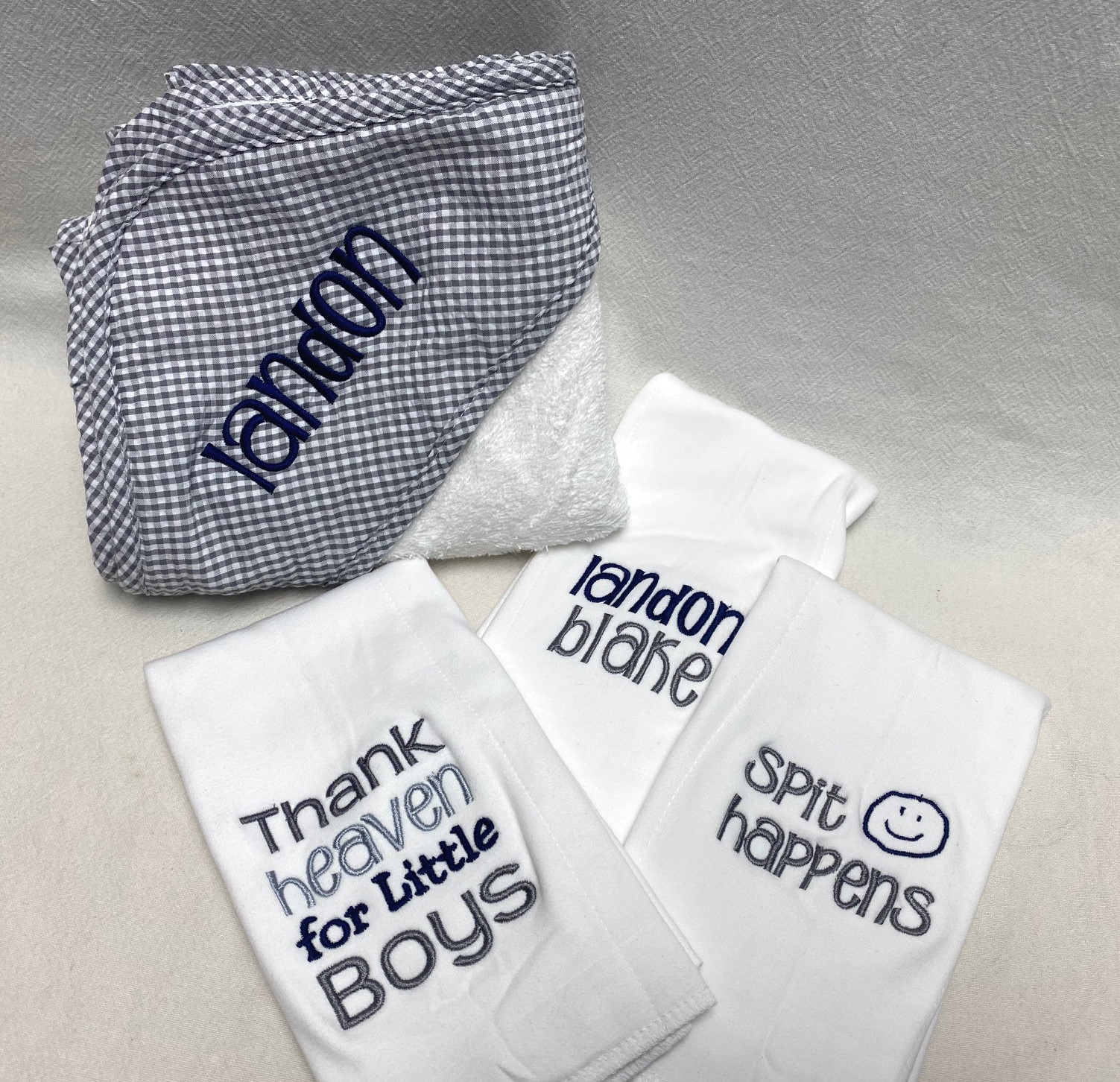 Burp cloth and hooded bath towel set - baby boy grey