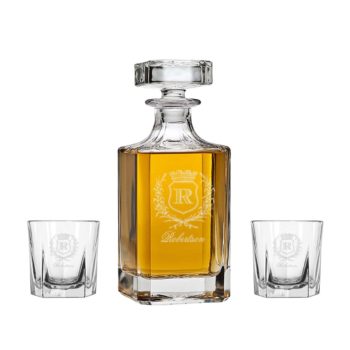 Engraved whiskey decanter and rocks glasses set