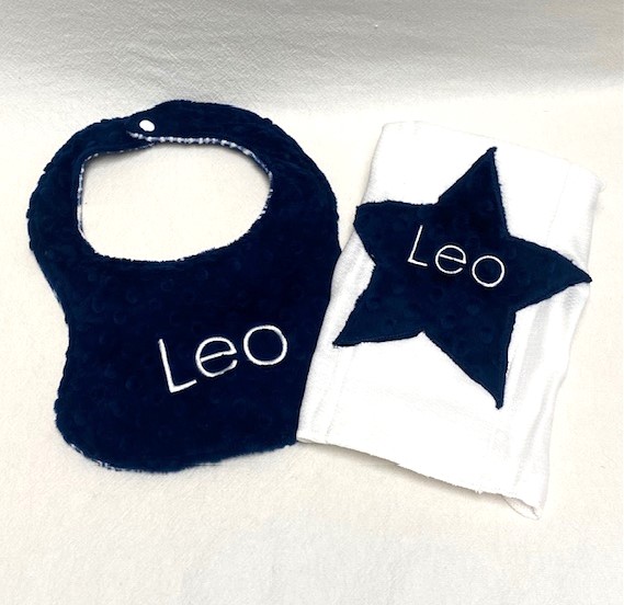 Applique bib and burp cloth set - navy star