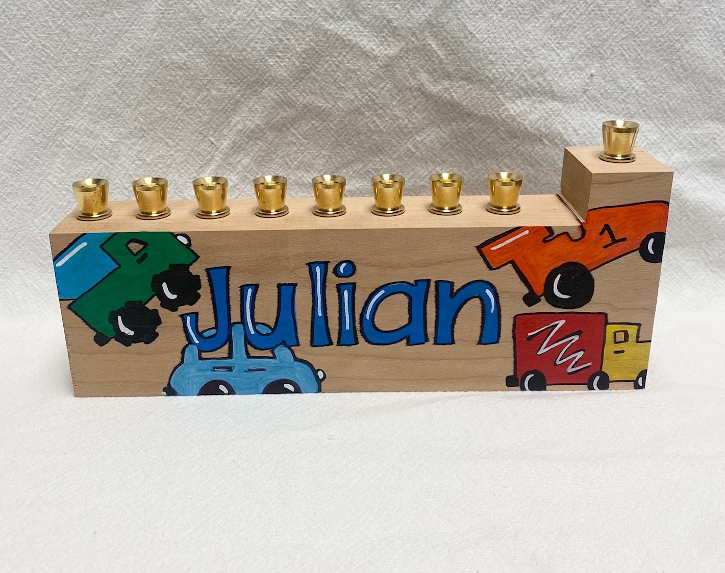 Child's menorah - cars and trucks