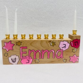 Child's menorah - dreidels and stars - pinks, purples and more