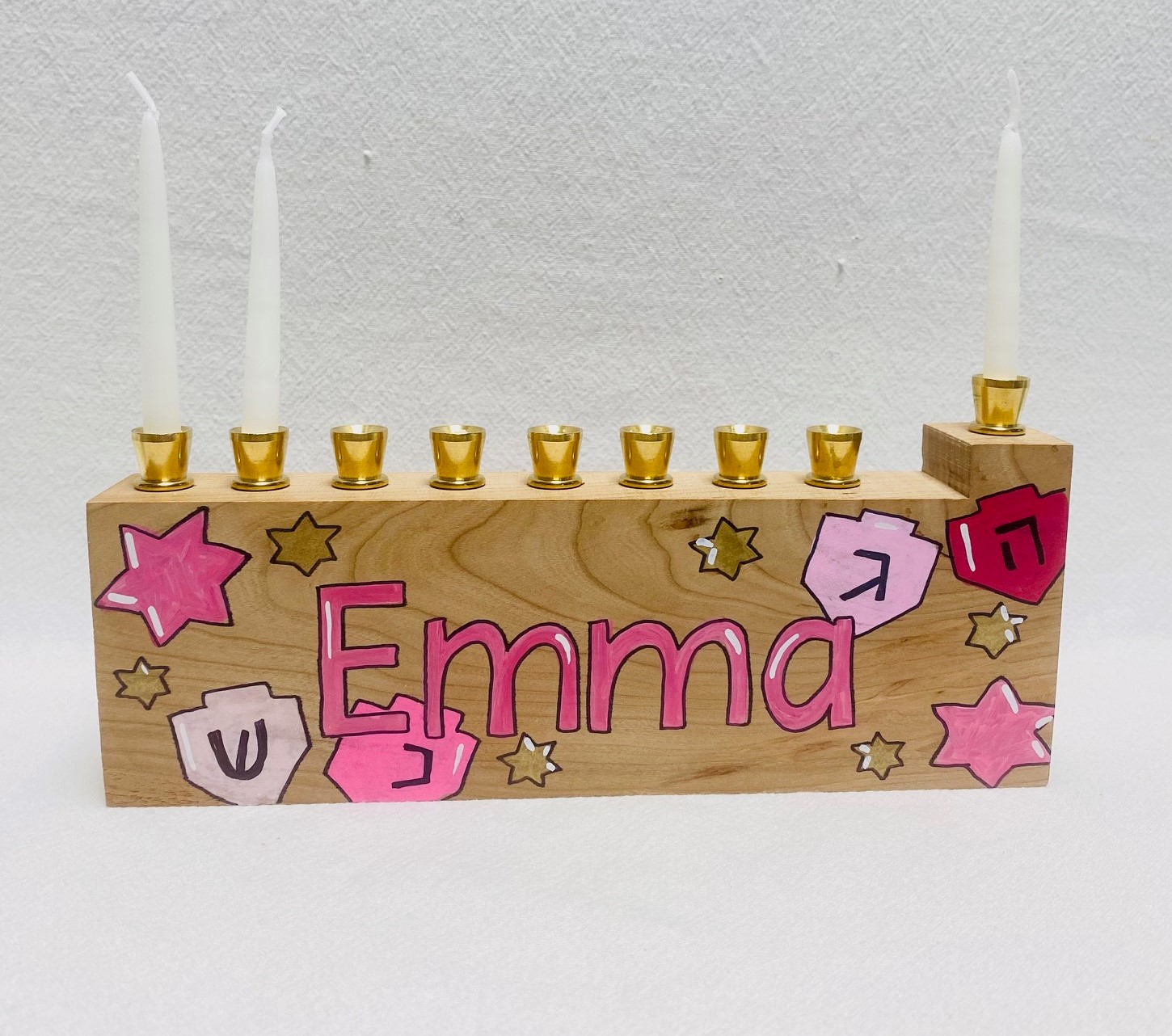 Child's menorah - dreidels and stars - pinks, purples and more