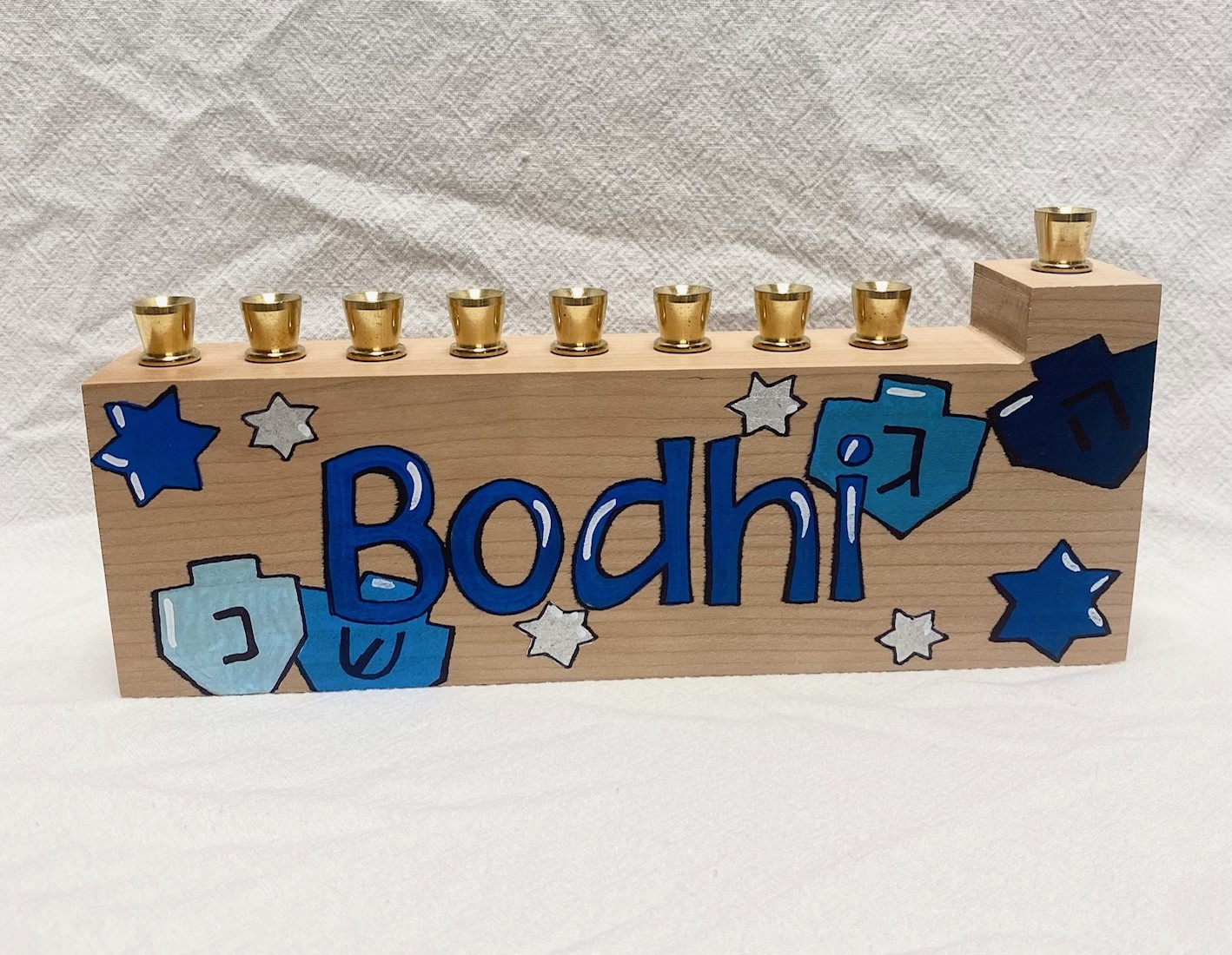 Child's menorah - dreidels and stars - blues and more