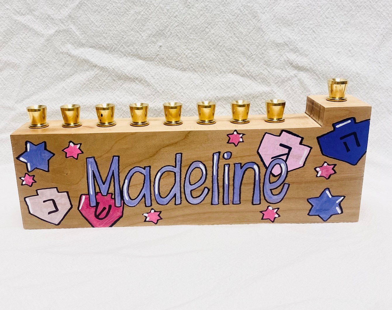 Child's menorah - dreidels and stars - purples, pinks, and more - Image 3
