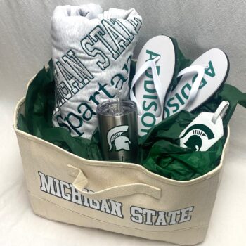 Gift basket - canvas bin, sweatshirt blanket, tumbler, flip flops and bag tag - custom made for any school