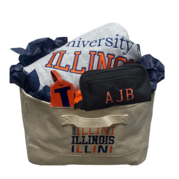 Gift basket - canvas bin, blanket, dopp kit and bag tag - custom made for any school