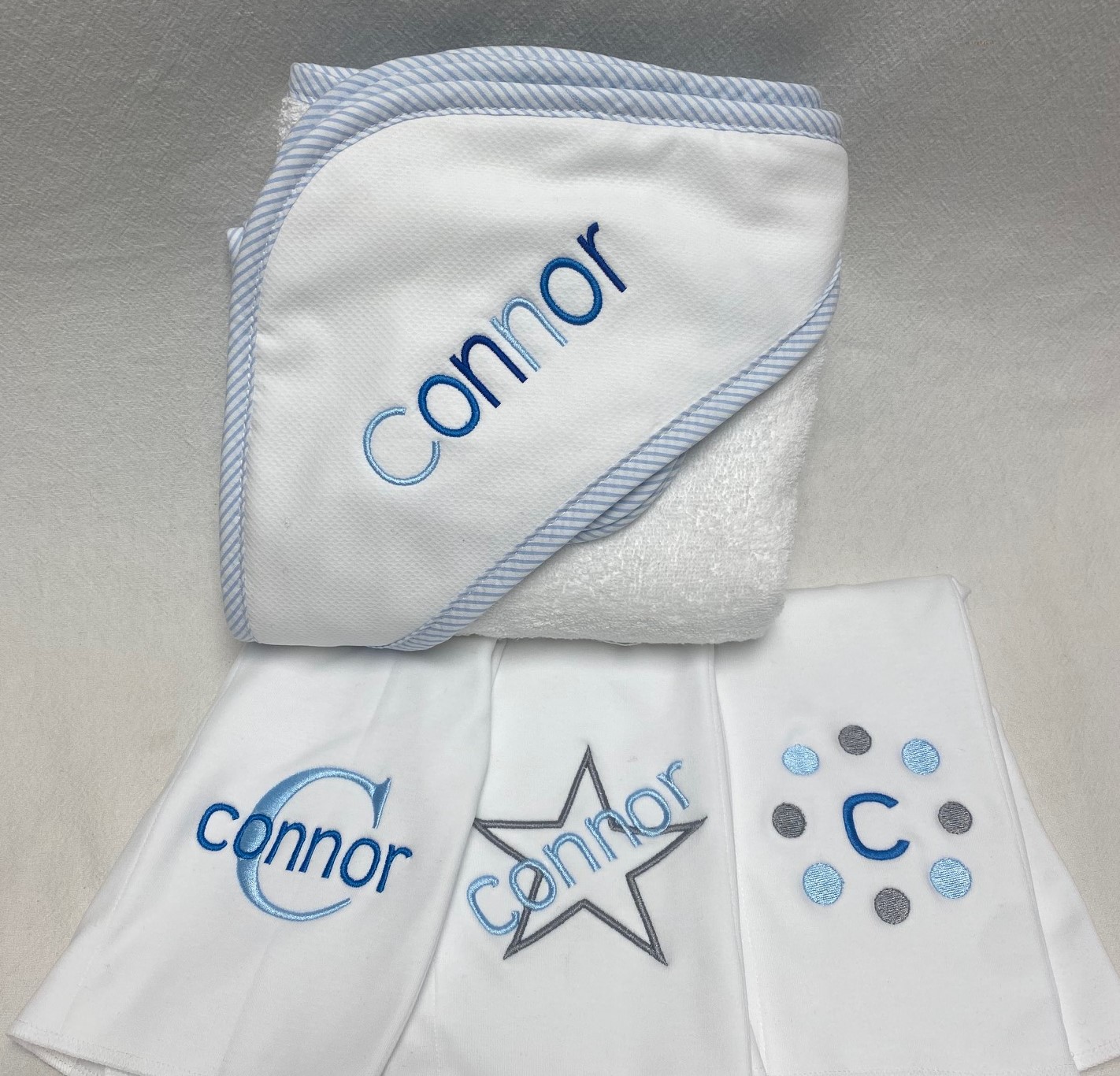 Burp cloth and deluxe hooded bath towel set - baby boy