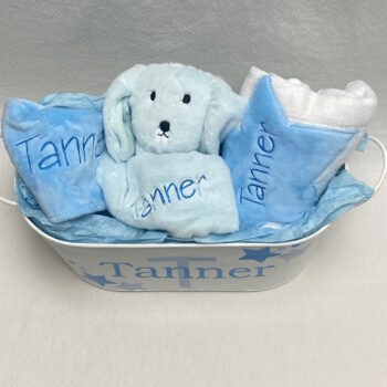 Baby gift tin - lovey, bib and burp set - stars