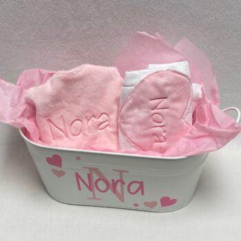 Baby gift tin - pink bib and burp set - out of stock