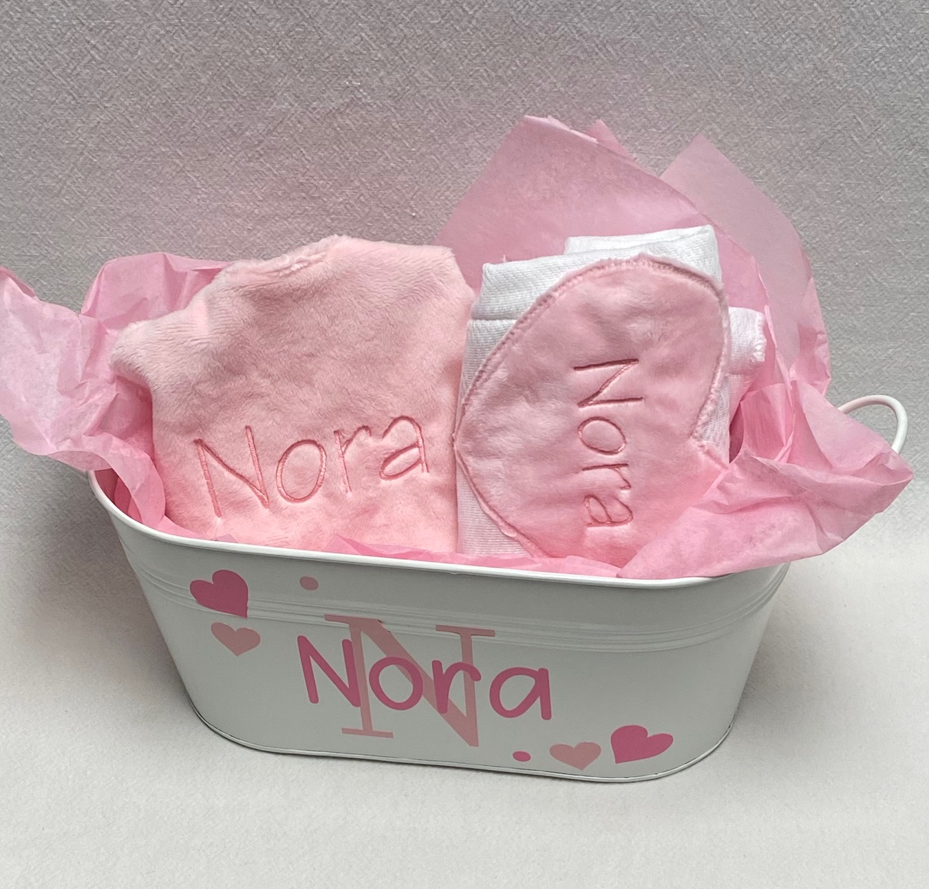 Baby gift tin - pink bib and burp set - out of stock
