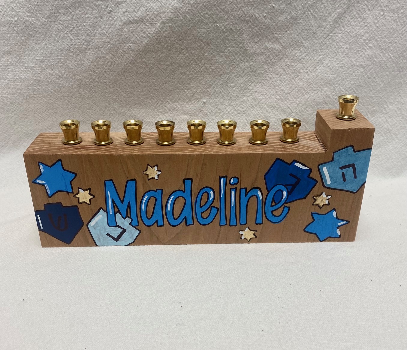 Child's menorah - dreidels and stars - blues and more - Image 2